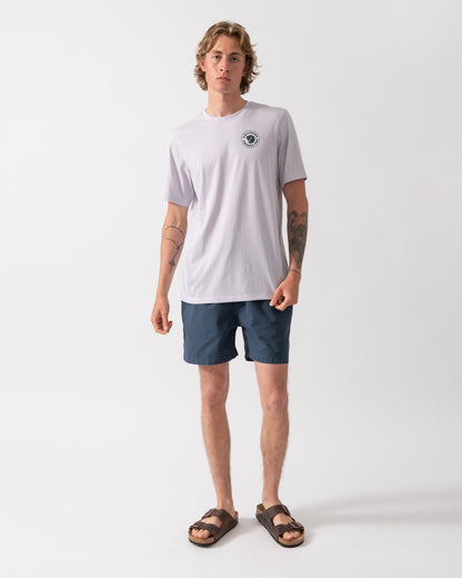 full length shot of a model wearing a Fjallraven 1960 Logo Mens T-Shirt in Lavender Mist 452