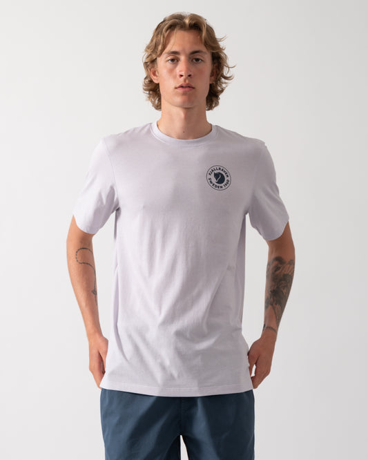 model wearing a Fjallraven 1960 Logo Mens T-Shirt in Lavender Mist 452