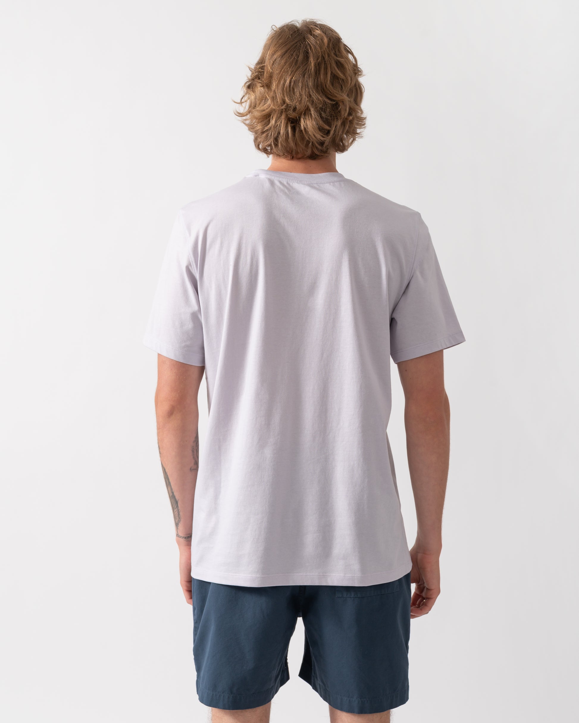 back shot of a model wearing a Fjallraven 1960 Logo Mens T-Shirt in Lavender Mist 452