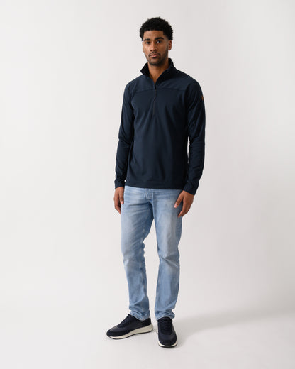full length shot of a model wearing a Fjallraven Abisko Lite Fleece Half Zip Mens Sweatshirt in Dark Navy 555