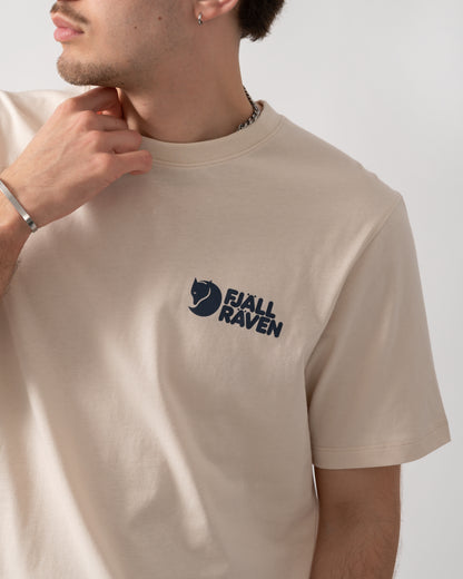 close up shot of a model wearing a Fjallraven Swedish Forest Mens T-Shirt in Chalk White 113