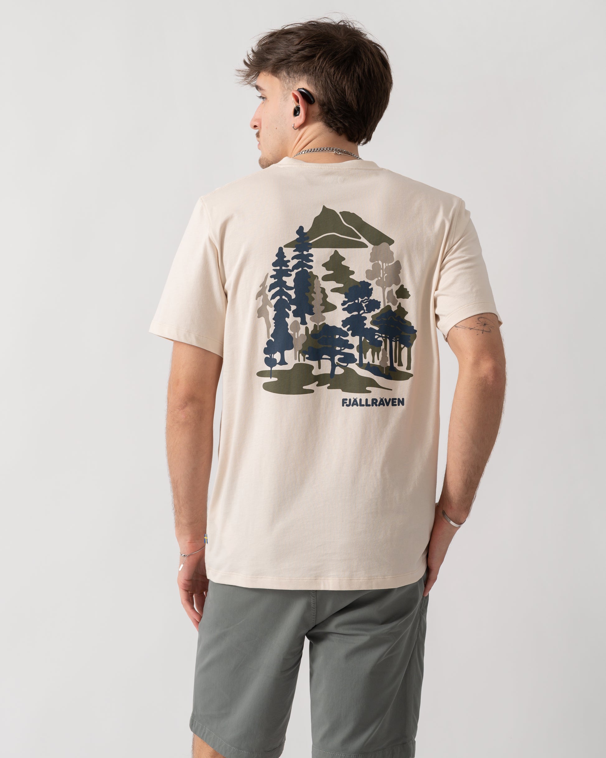 back shot of a model wearing a Fjallraven Swedish Forest Mens T-Shirt in Chalk White 113