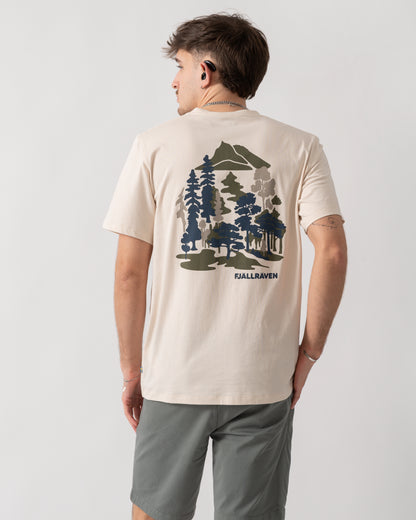 back shot of a model wearing a Fjallraven Swedish Forest Mens T-Shirt in Chalk White 113