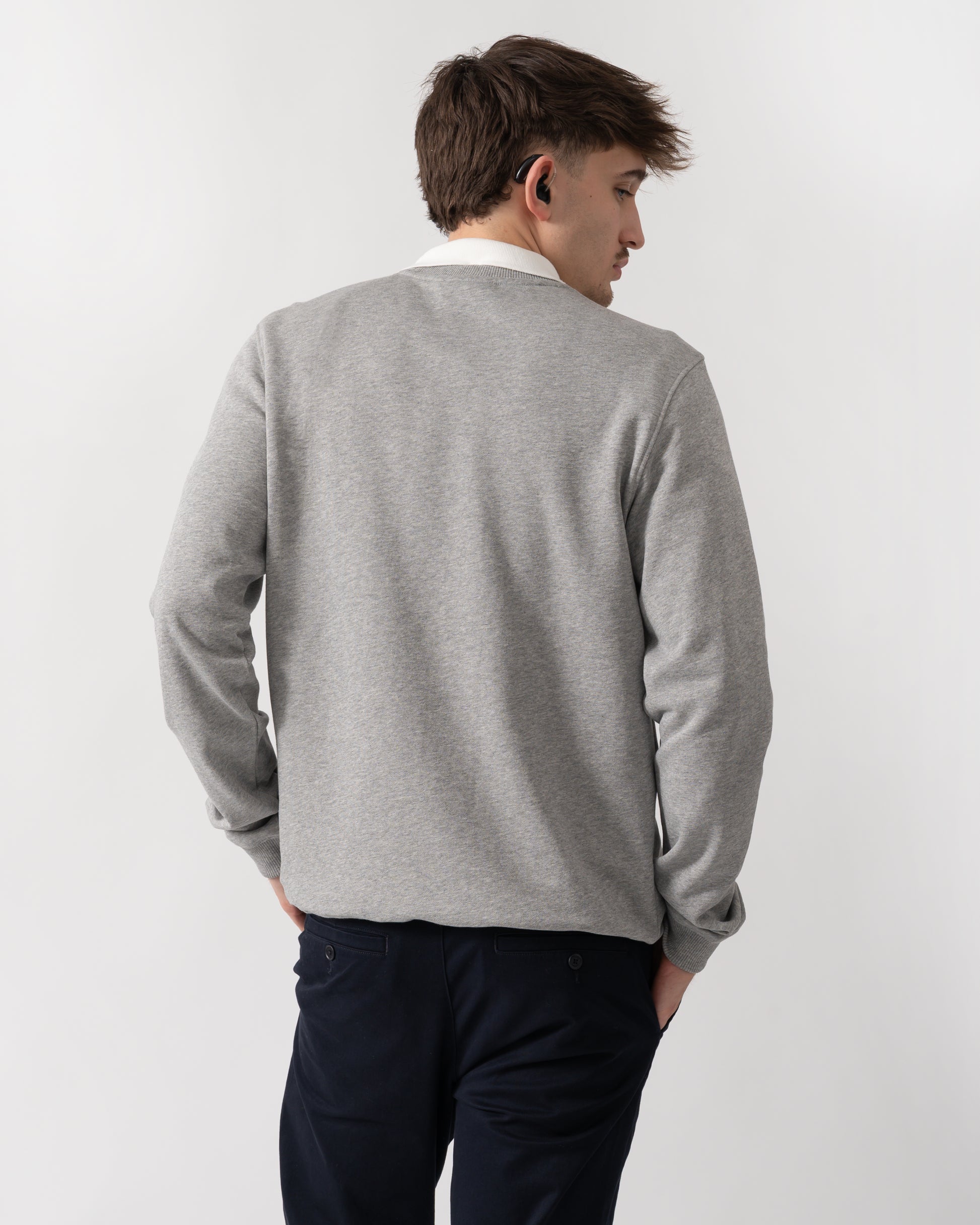 back shot of a model wearing a Fjallraven Vardag Mens Sweater in Grey Melange 020-999