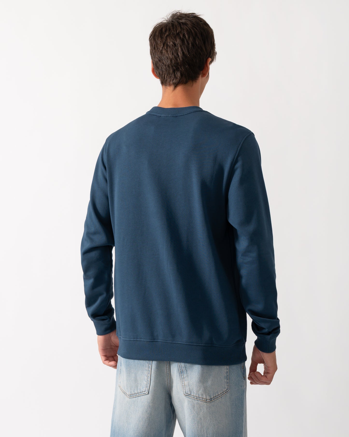 back of a model wearing a Fjallraven Vardag Mens Sweater in Storm 638