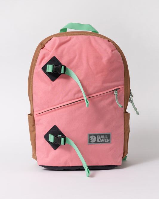 front of a Fjallraven Vardag Unisex Backpack 17 in Poppy Pink and Khaki Dust 