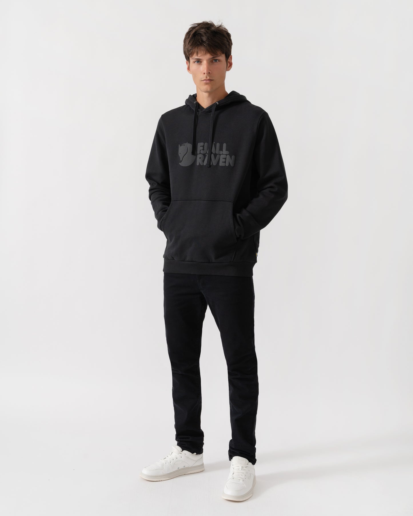 outfit shot of Fjallraven Logo Mens Hoodie in Black 550