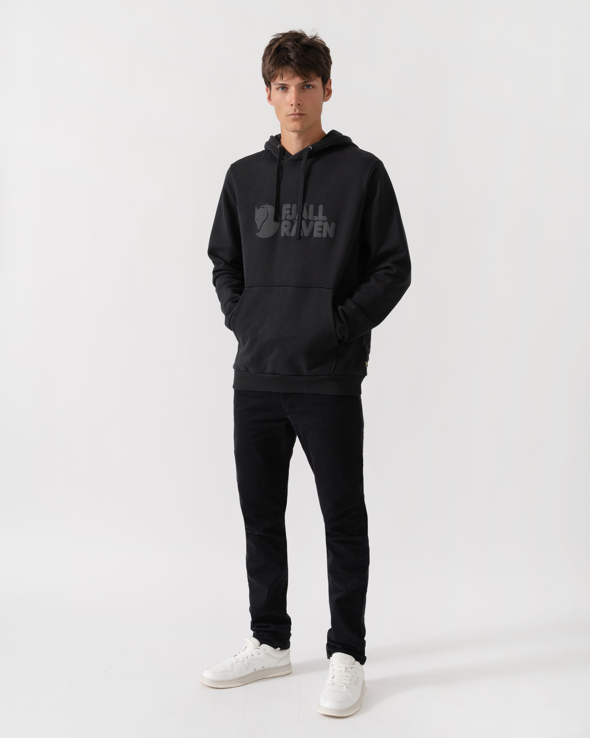 outfit shot of Fjallraven Logo Mens Hoodie in Black 550