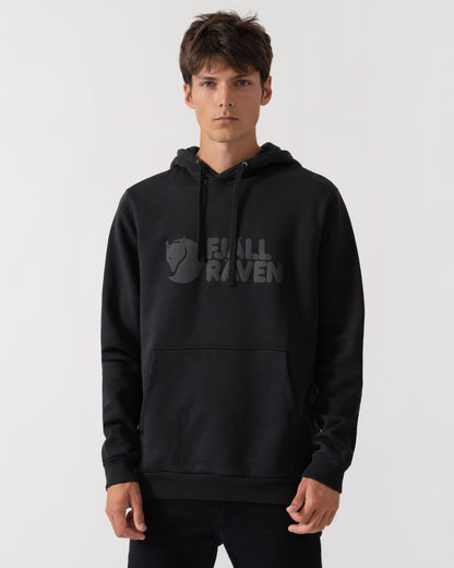 model wearing Fjallraven Logo Mens Hoodie in Black 550