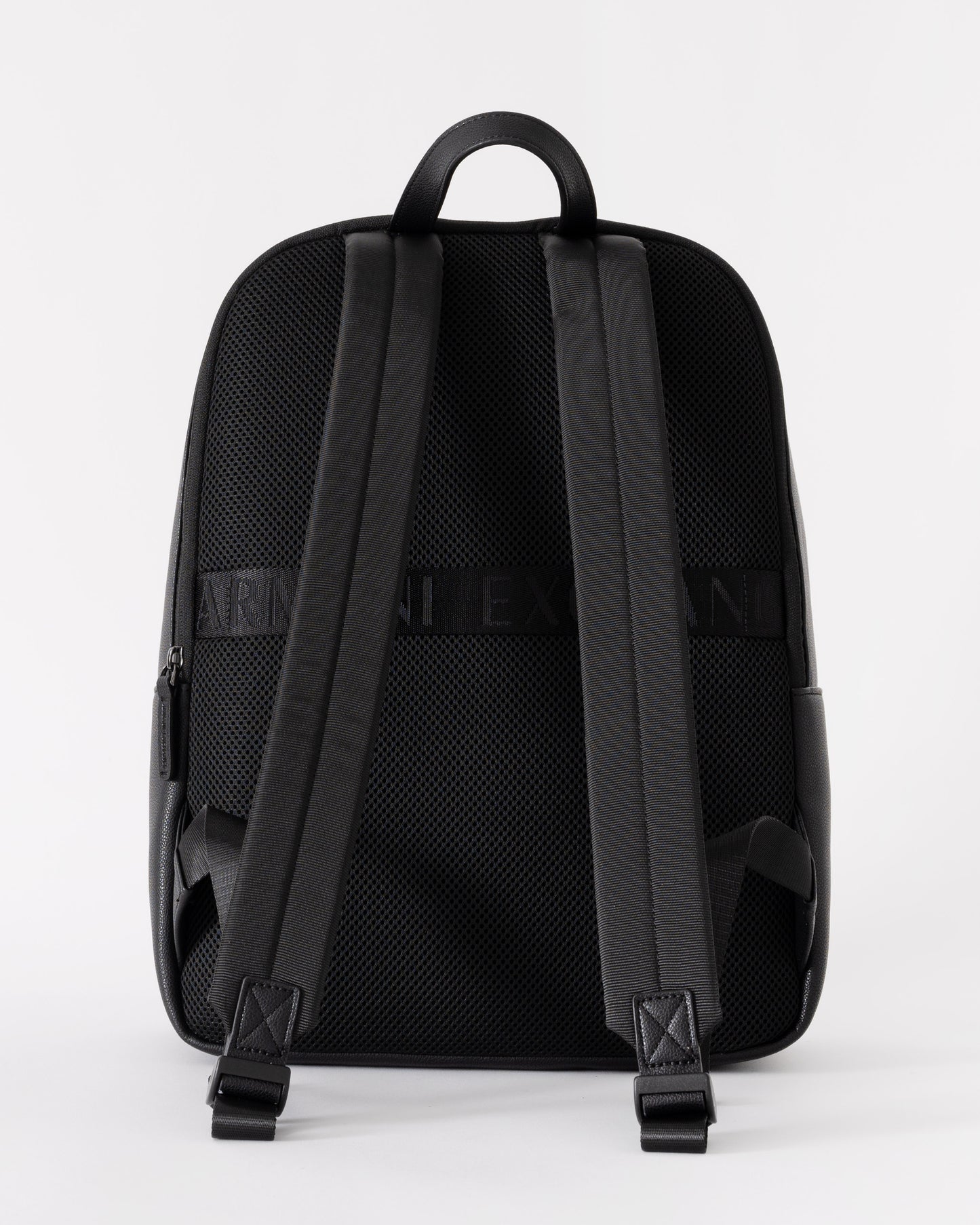 Black backpack with visible brand logo on a white background