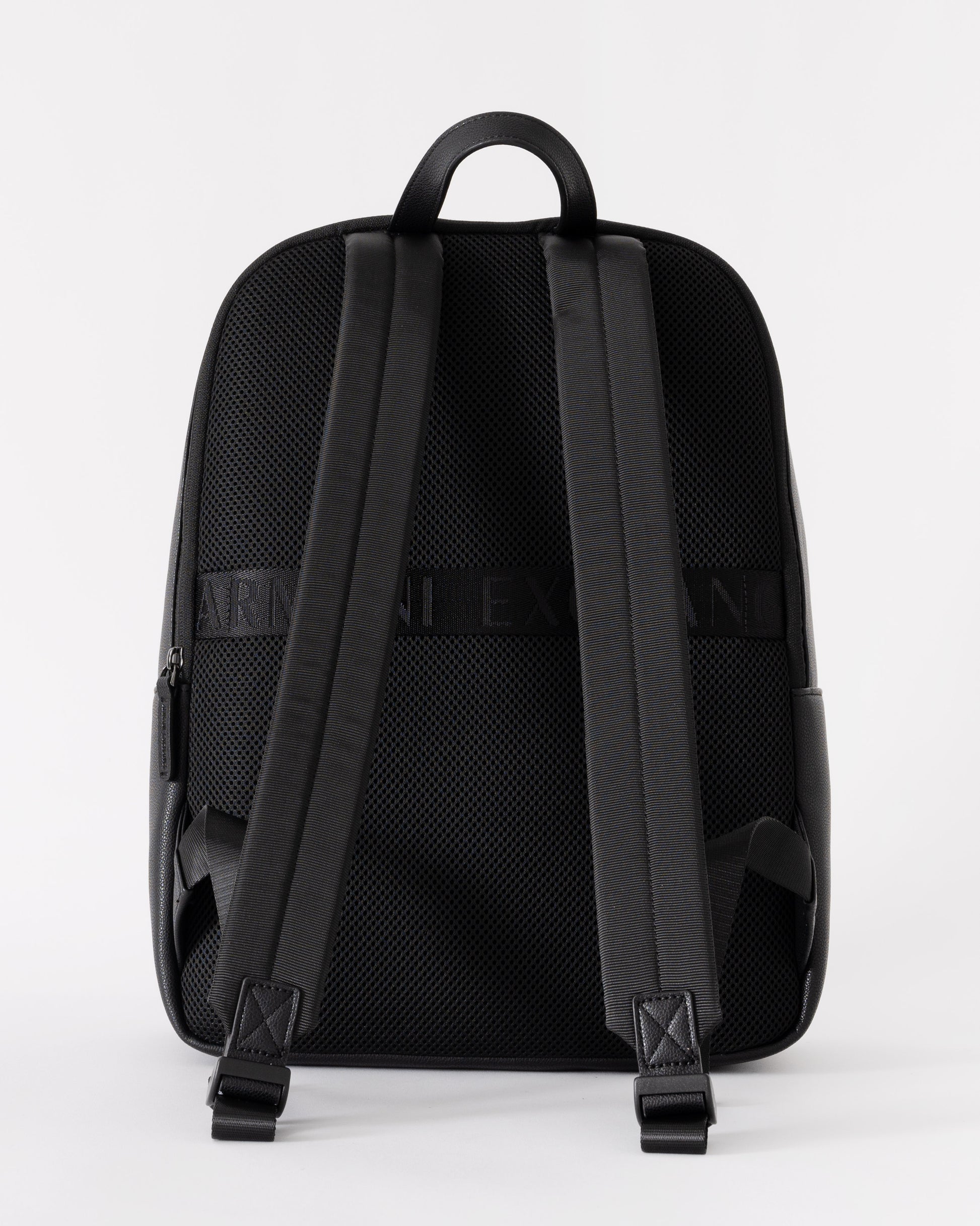 Black backpack with visible brand logo on a white background