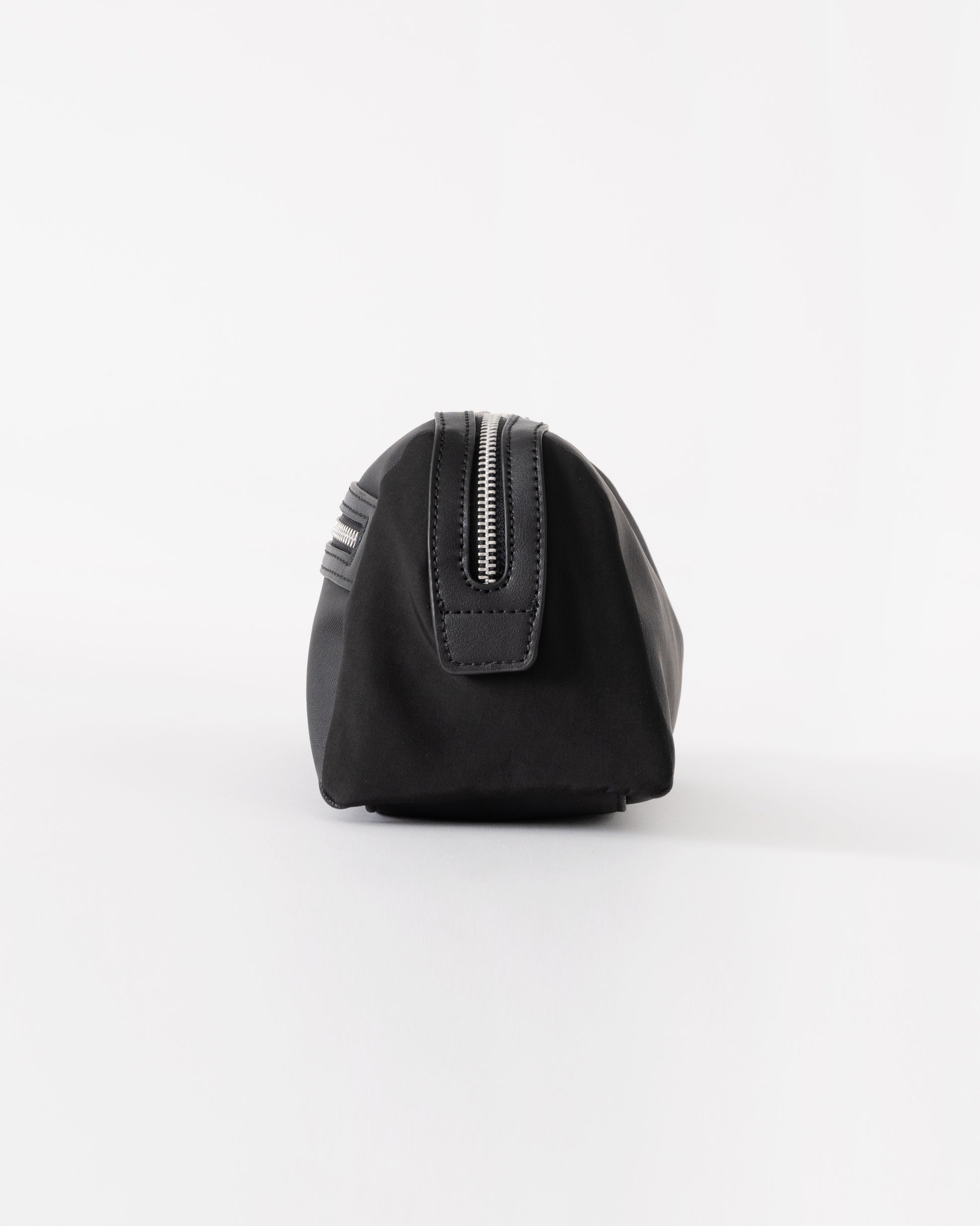 Black cosmetic bag with a zipper on a white background