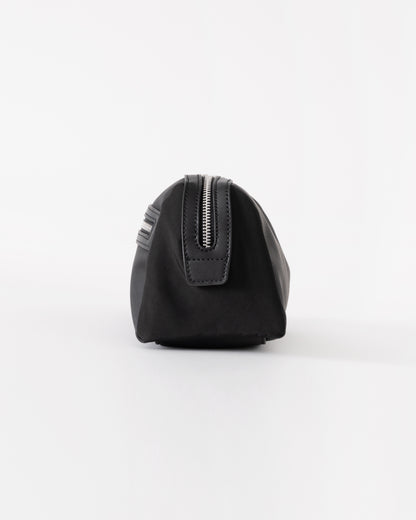 Black cosmetic bag with a zipper on a white background