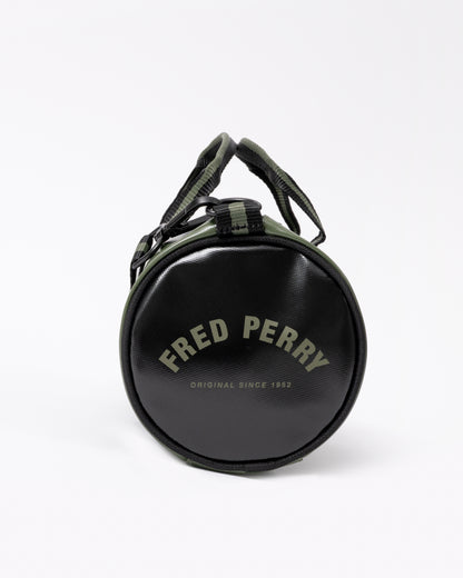 end view of a Fred Perry Classic Mini Barrel Bag in Laurel Wreath Green and Black Z50