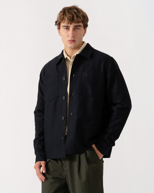 Man wearing Fred Perry Mens Brushed Twill Overshirt - Black 184