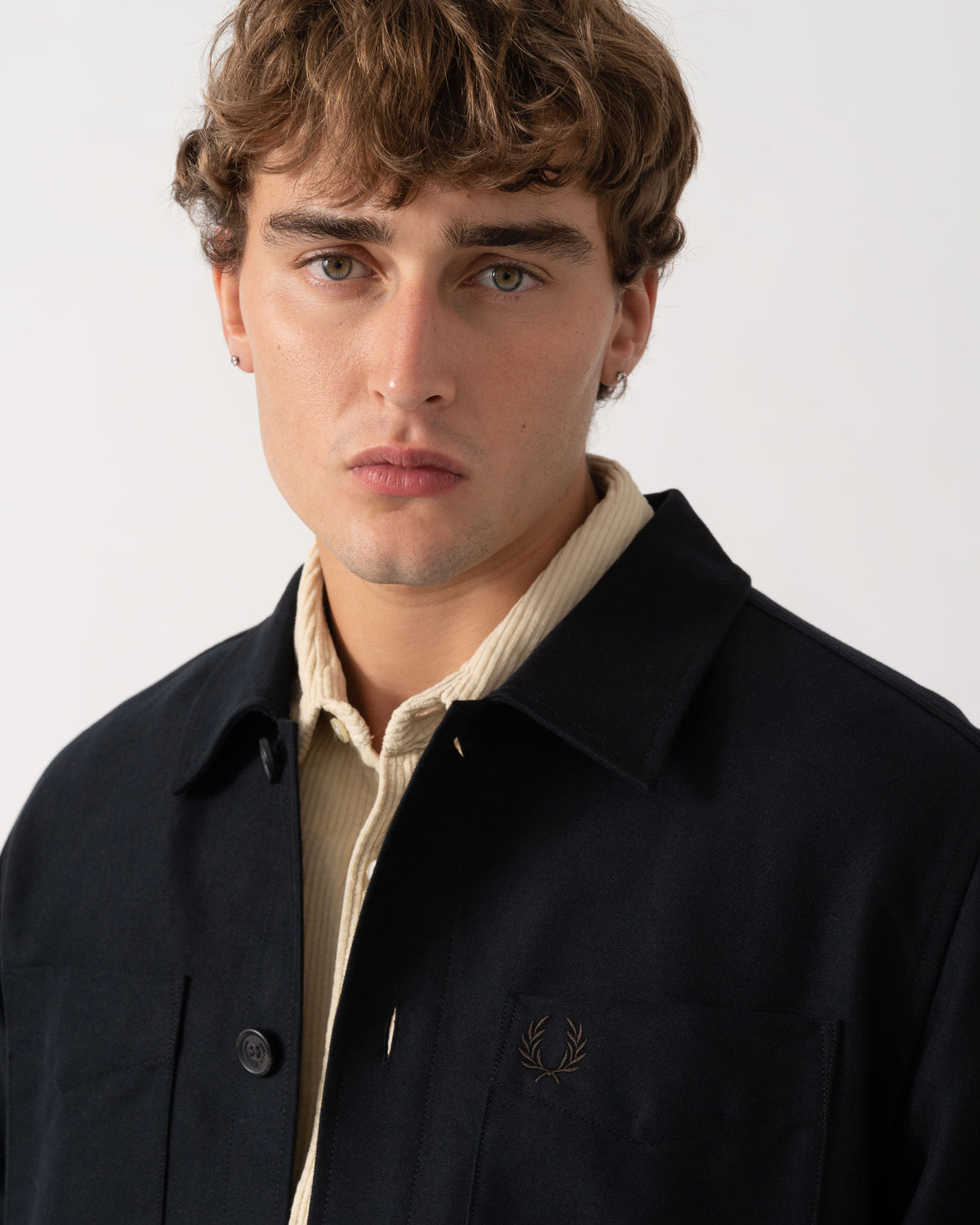 Collar detail of Fred Perry Mens Brushed Twill Overshirt - Black 184