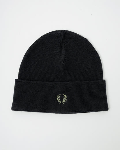 Fred Perry Mens Classic Beanie - Black/Laurel Wreath Green W90 - CHO - Designer Mens,Beanies