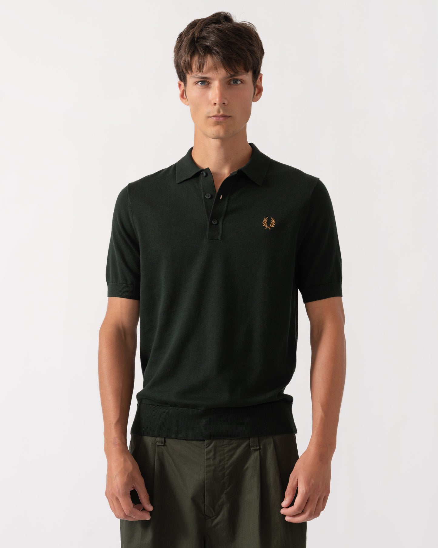 Front of Fred Perry Mens Cotton Knitted Shirt - Night Green Q20