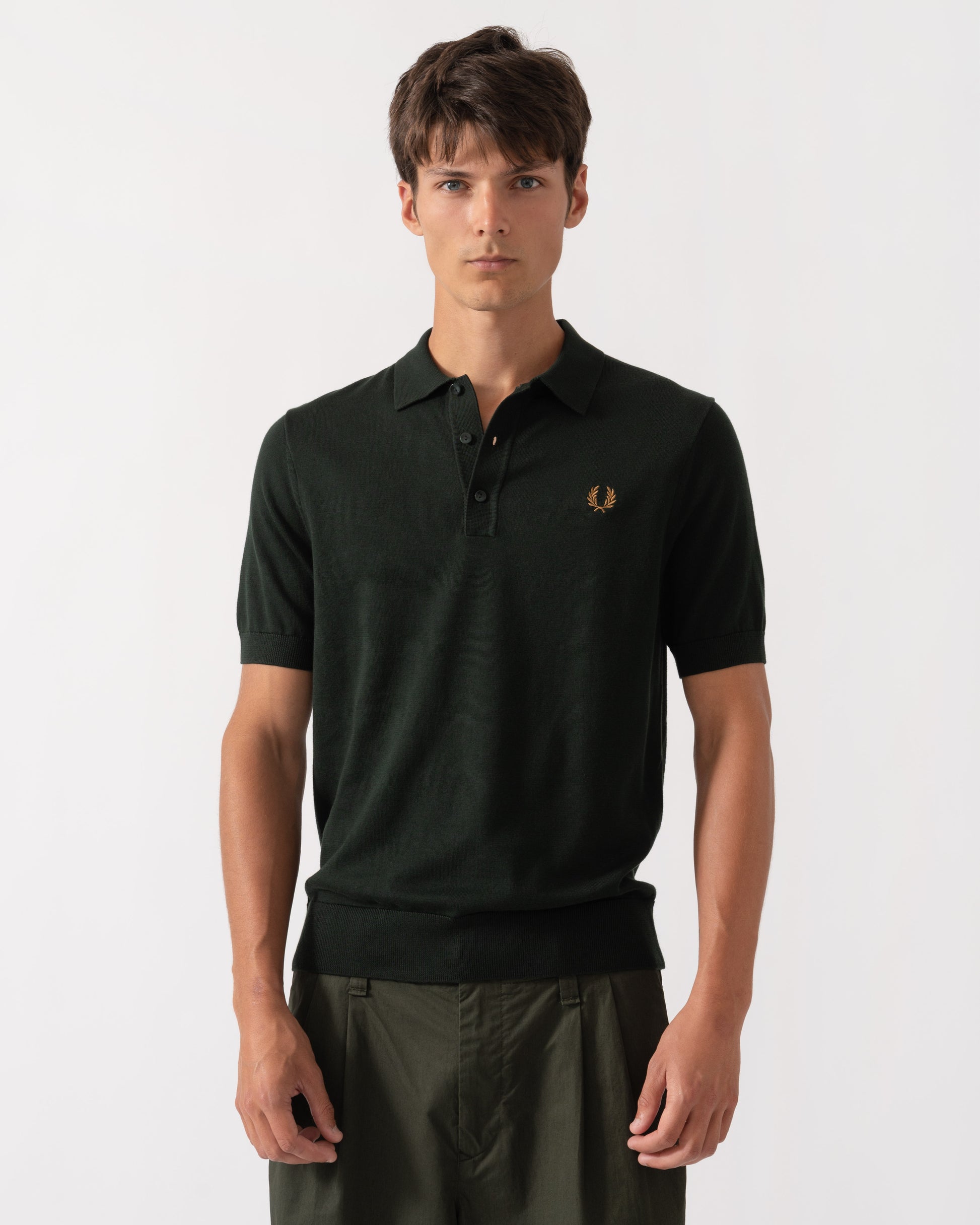 Front of Fred Perry Mens Cotton Knitted Shirt - Night Green Q20