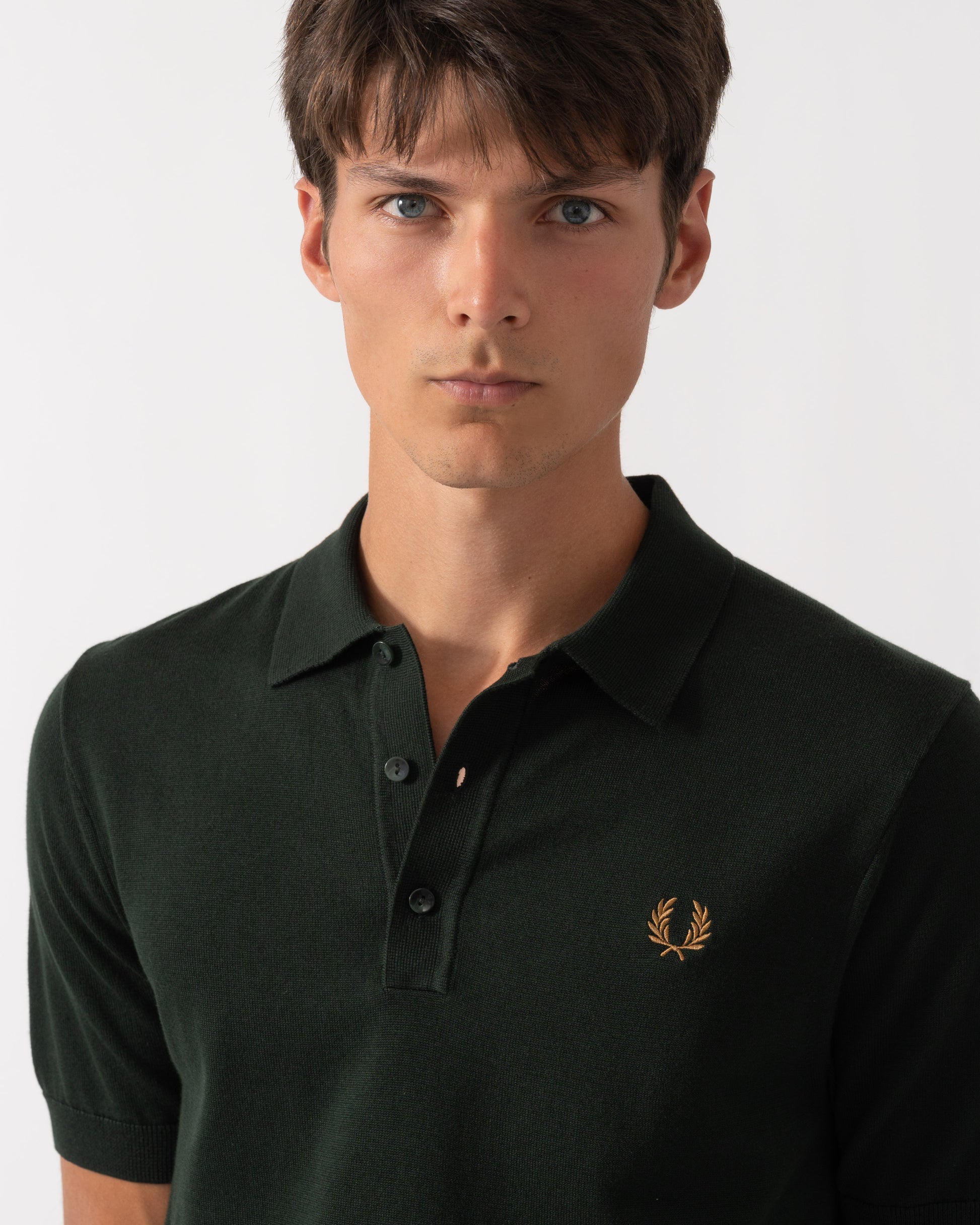 Detail of Fred Perry Mens Cotton Knitted Shirt - Night Green Q20