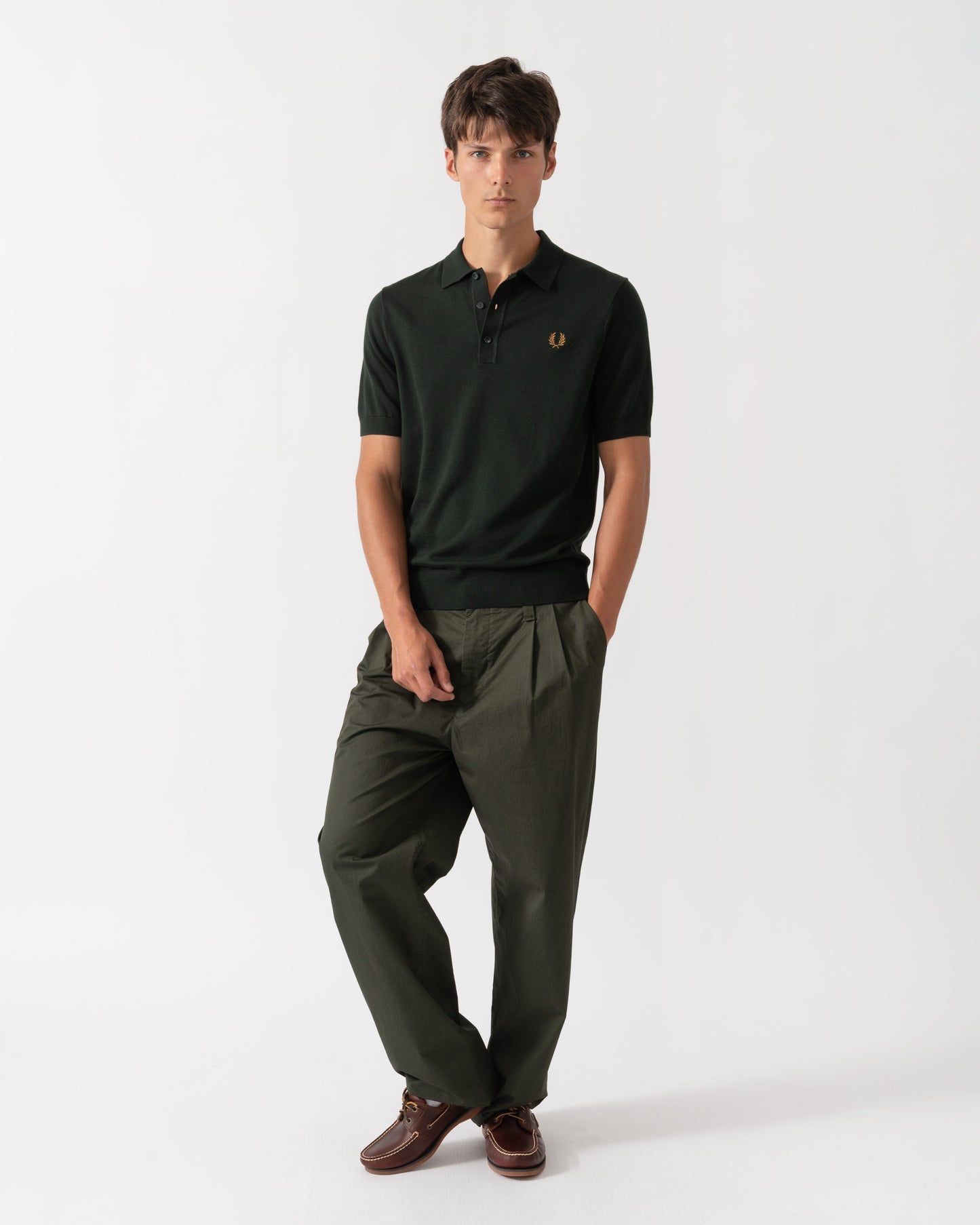 Full length outfit of Fred Perry Mens Cotton Knitted Shirt - Night Green Q20