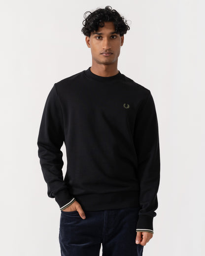 Front of Fred Perry Mens Crew Neck Sweatshirt - Black/Ecru/Laurel Wreath Green W54