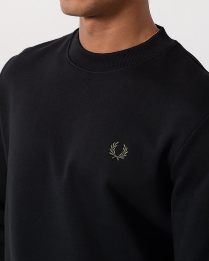 Close up of Fred Perry Mens Crew Neck Sweatshirt - Black/Ecru/Laurel Wreath Green W54