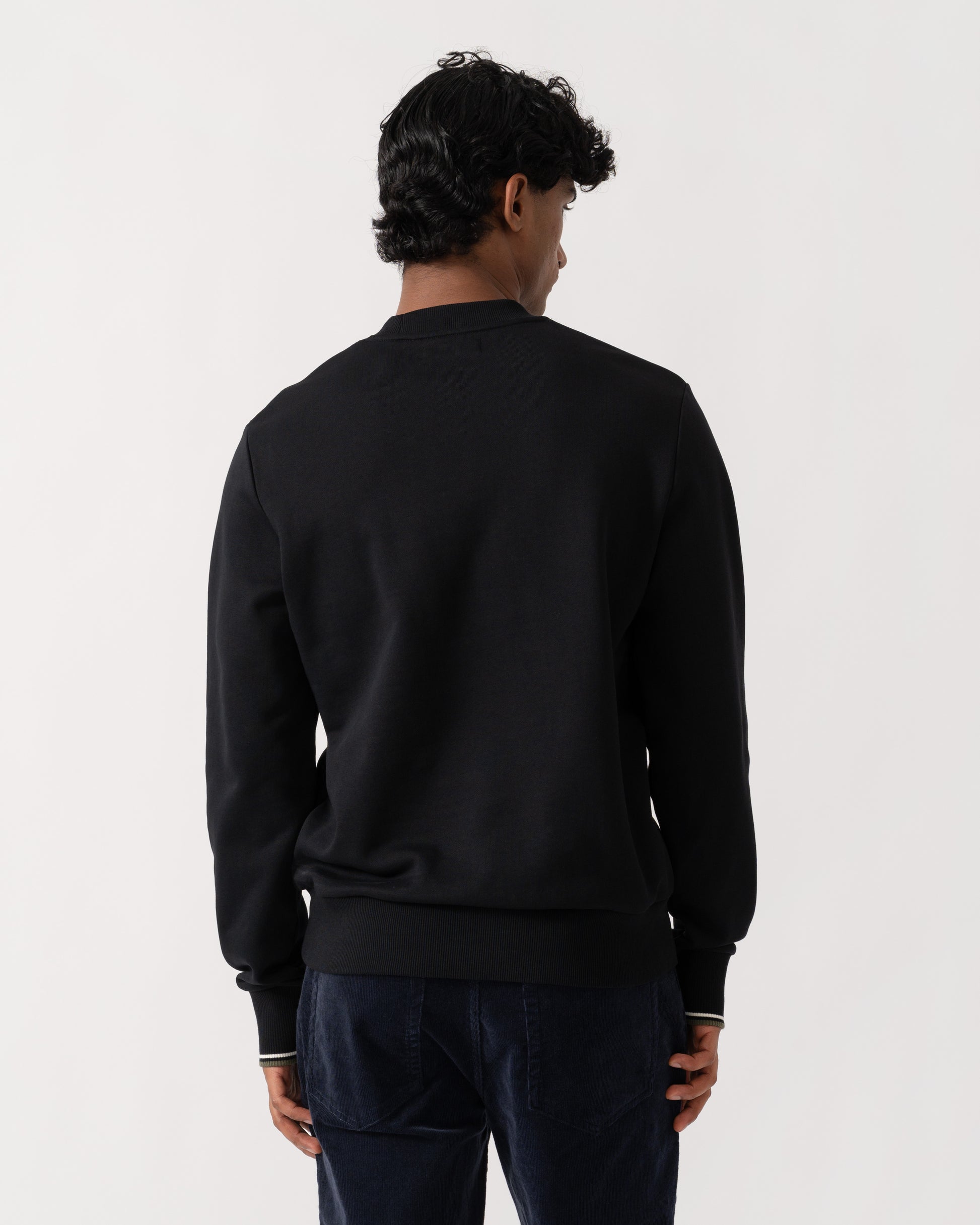 Back of Fred Perry Mens Crew Neck Sweatshirt - Black/Ecru/Laurel Wreath Green W54