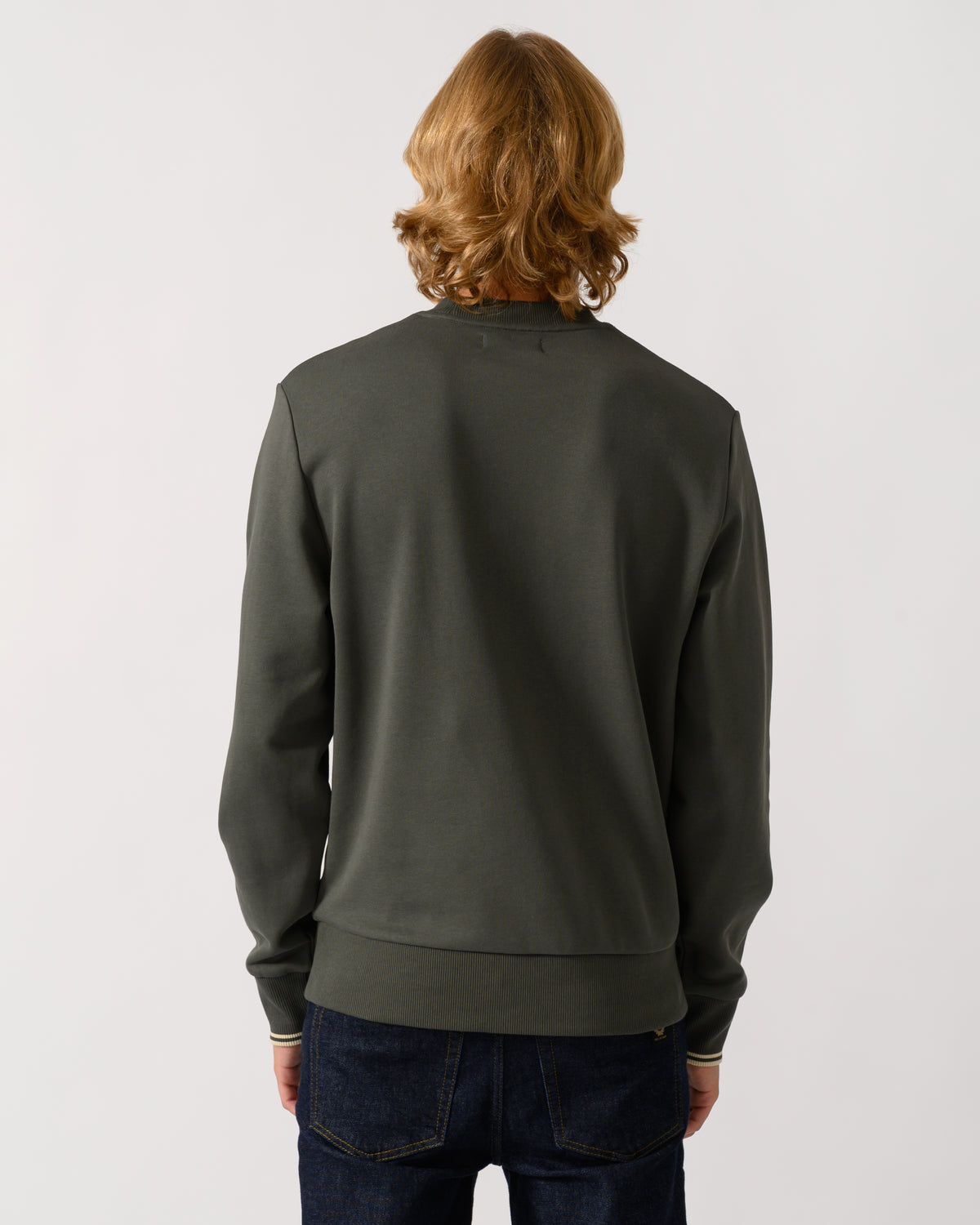 studio photograph of back of a model wearing Fred Perry Mens Crew Neck Sweatshirt in Field Green/Oatmeal U98