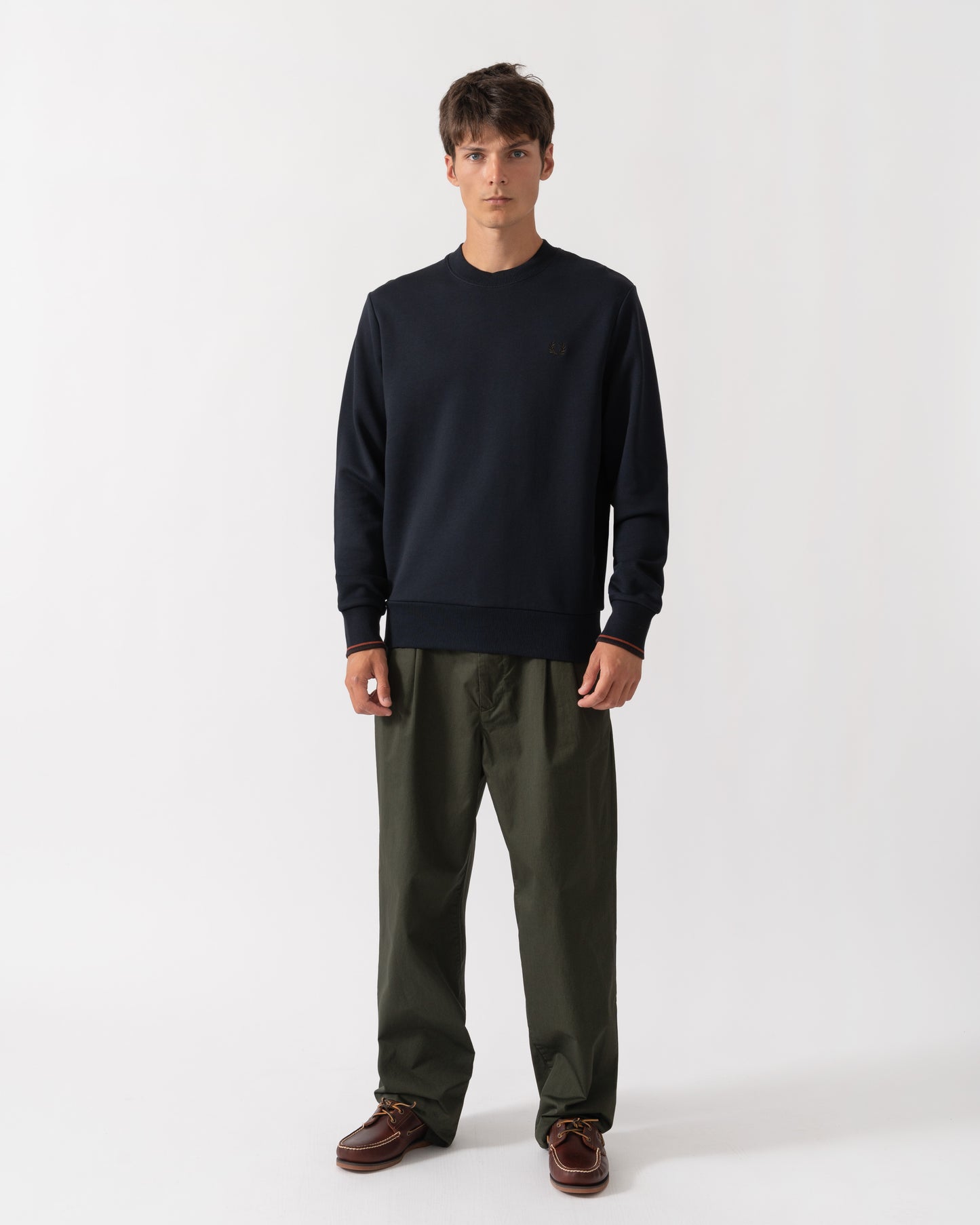 Outfit shot of Fred Perry Mens Crew Neck Sweatshirt - Navy/Burgundy/Rich brown 75C