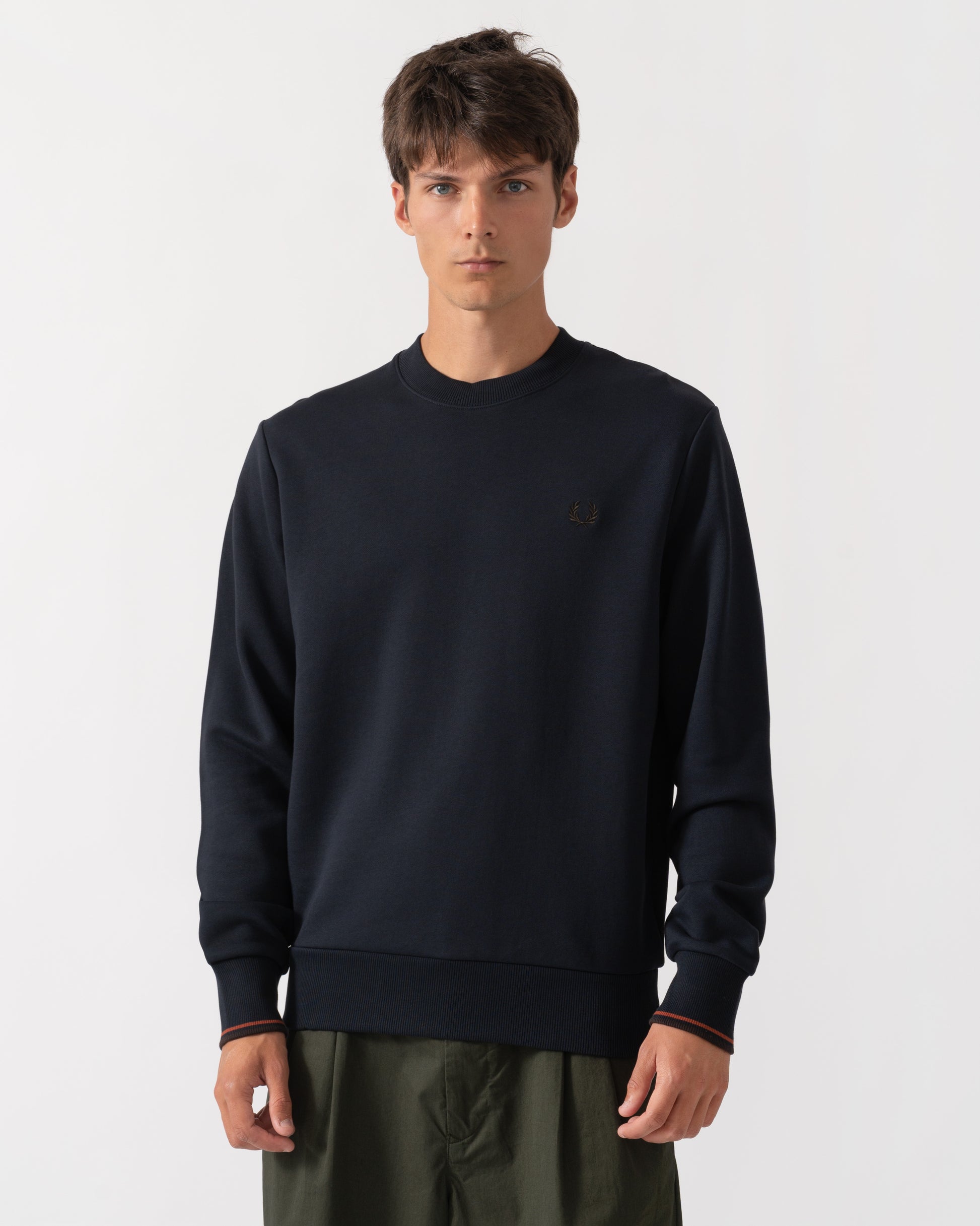 Front of Fred Perry Mens Crew Neck Sweatshirt - Navy/Burgundy/Rich brown 75C
