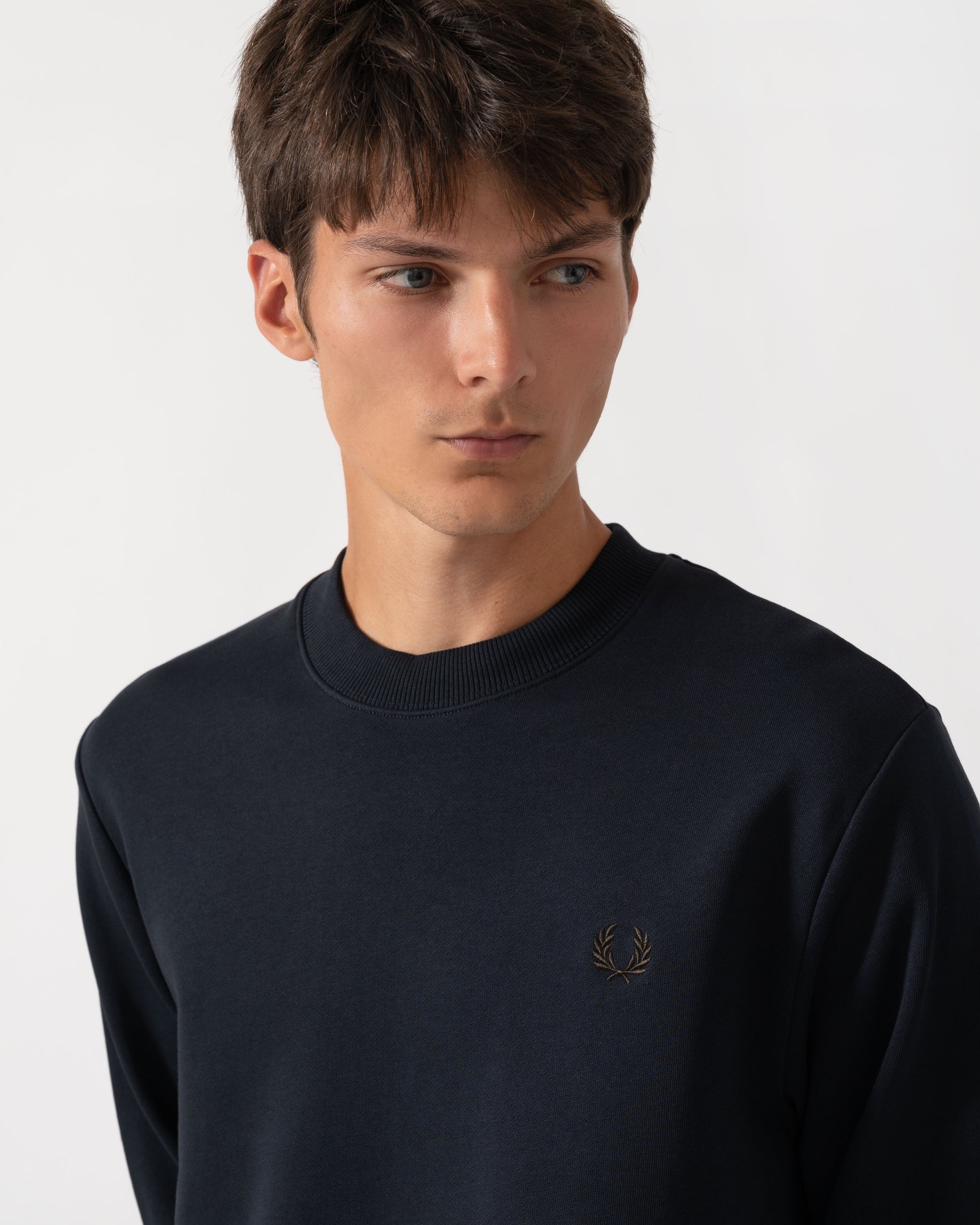 Detail of Fred Perry Mens Crew Neck Sweatshirt - Navy/Burgundy/Rich brown 75C