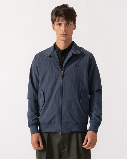 Zipped up Fred Perry Mens Crinkle Nylon Harrington Jacket - Dark Airforce 738