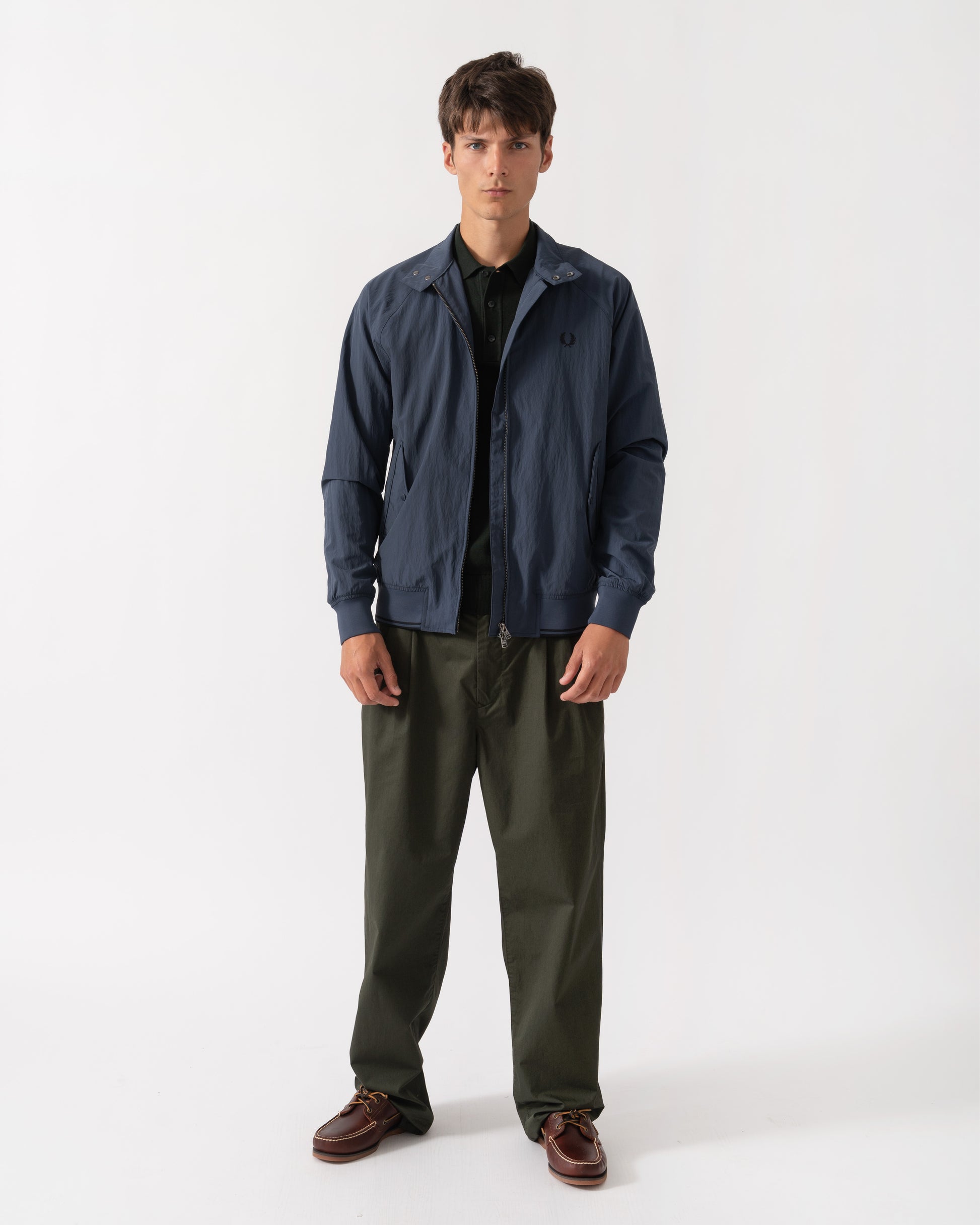 Full Length outfit of Fred Perry Mens Crinkle Nylon Harrington Jacket - Dark Airforce 738