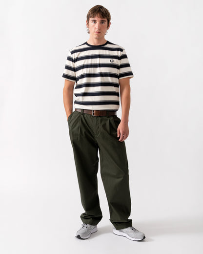 full length of a model wearing a Fred Perry Mens Fine Stripe T-Shirt in Navy 608