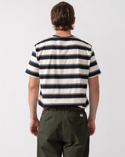 back of a model wearing a Fred Perry Mens Fine Stripe T-Shirt in Navy 608