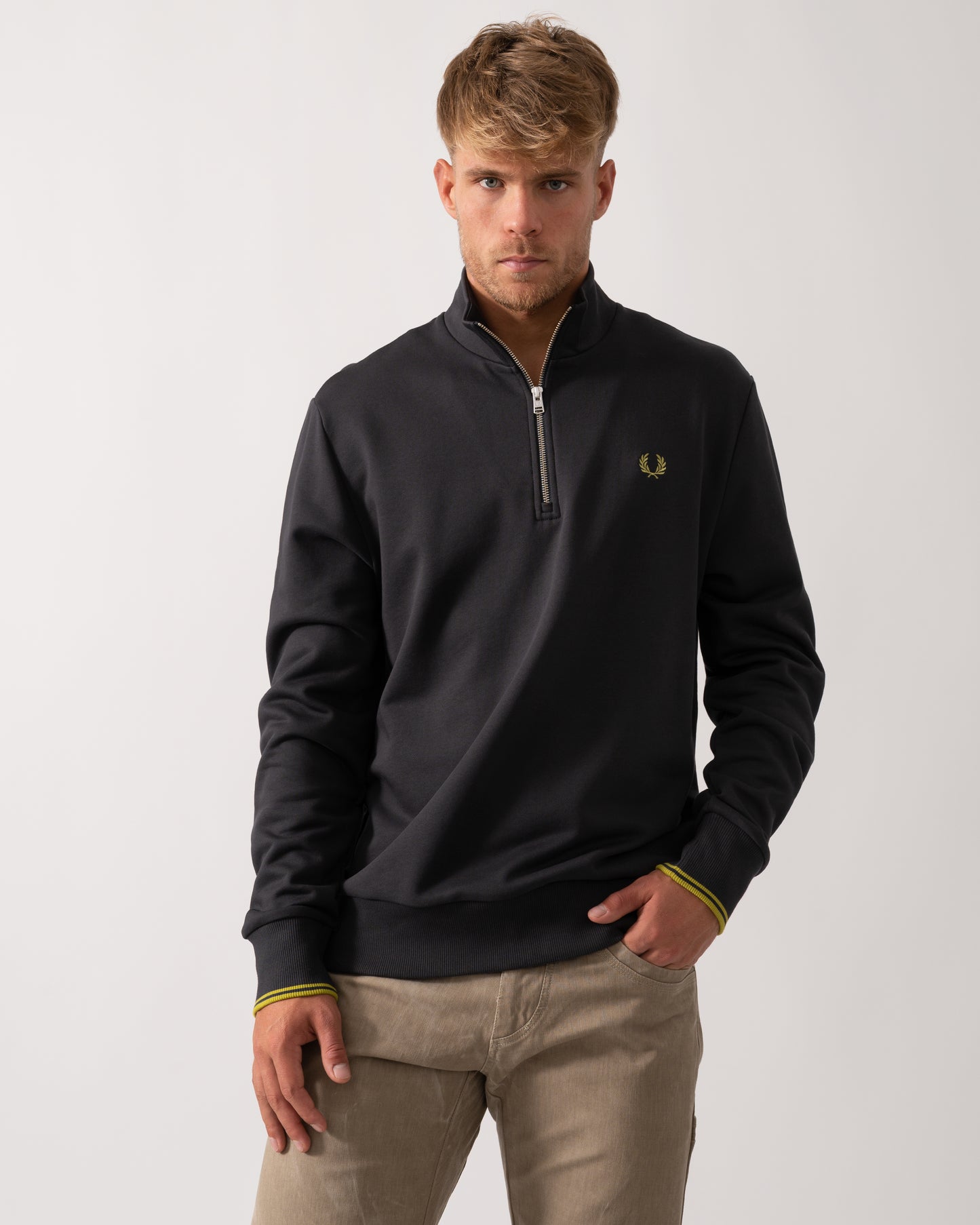Fred Perry Mens Half Zip Sweatshirt - Anchor Grey/Tennis Ball Yellow 58A