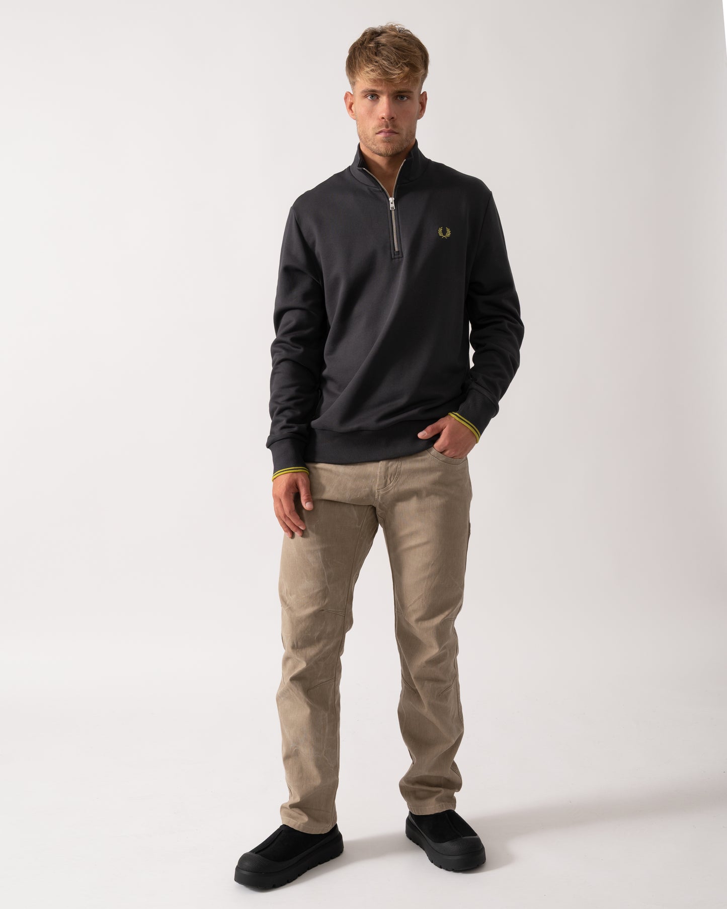 Fred Perry Mens Half Zip Sweatshirt - Anchor Grey/Tennis Ball Yellow 58A