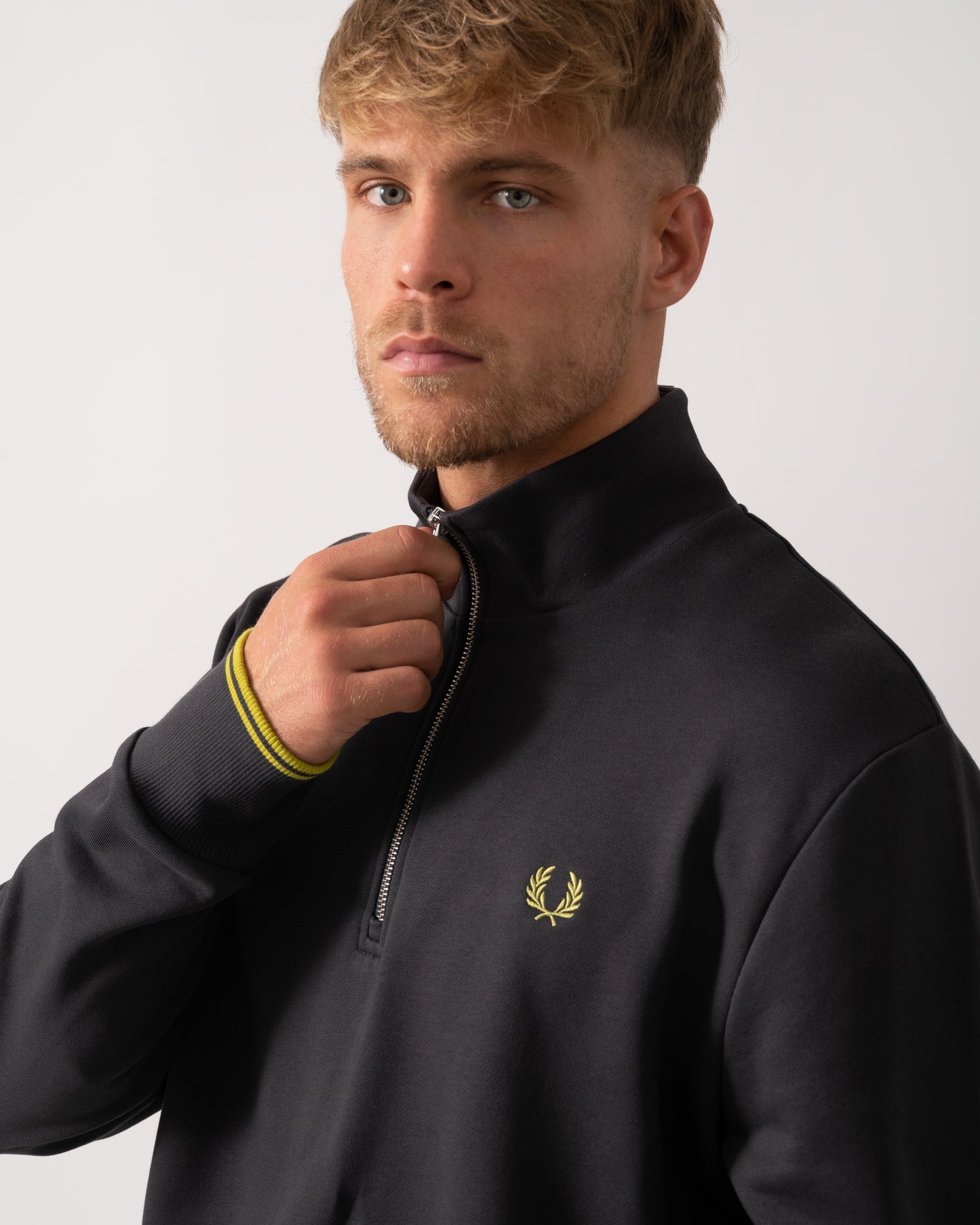 Fred Perry Mens Half Zip Sweatshirt - Anchor Grey/Tennis Ball Yellow 58A