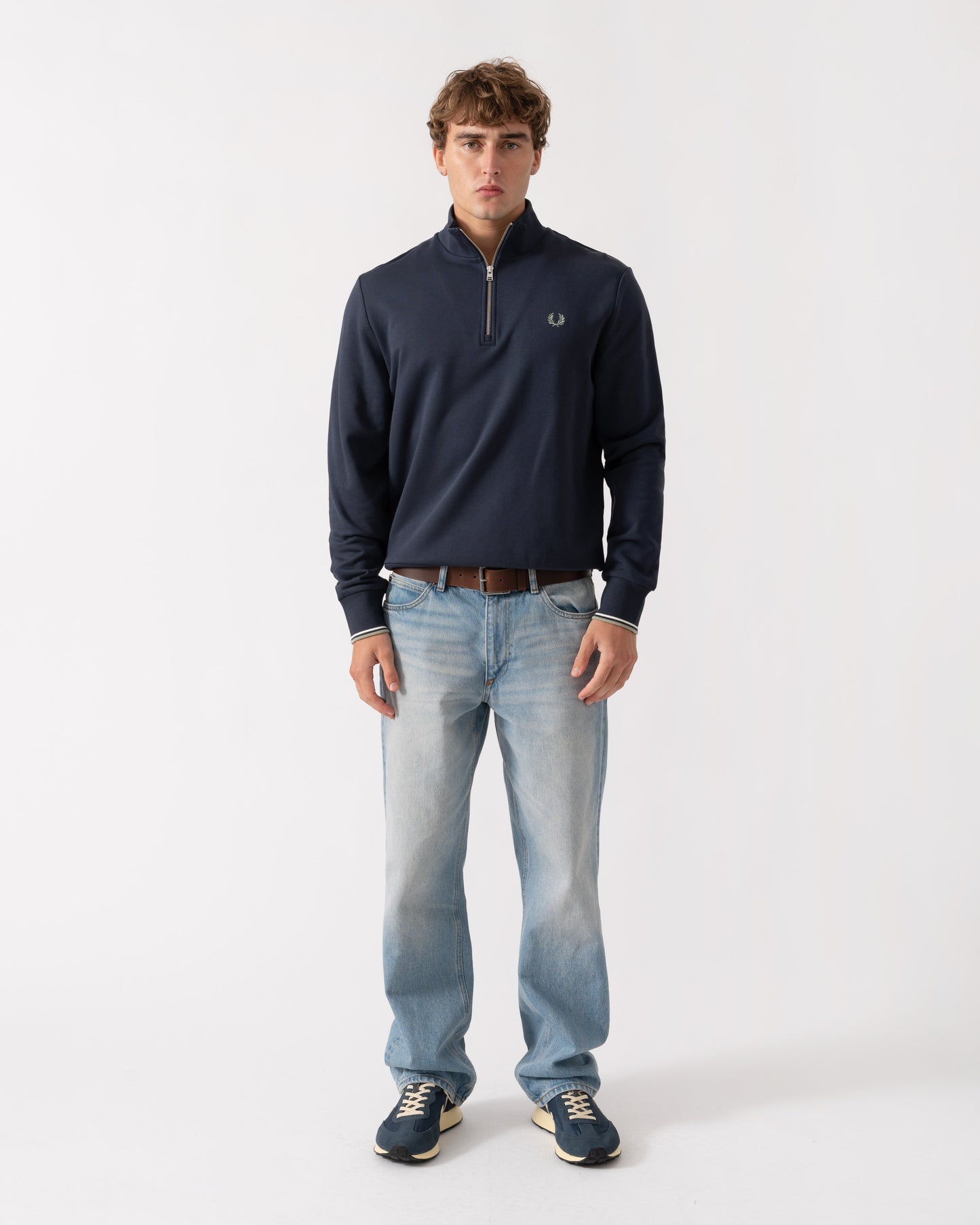 Outfit shot of Fred Perry Mens Half Zip Sweatshirt - Dark Airforce/Ecru/Seagrass 72C