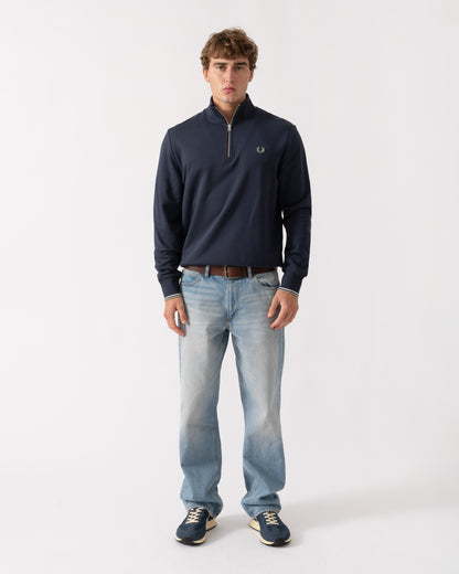 Outfit shot of Fred Perry Mens Half Zip Sweatshirt - Dark Airforce/Ecru/Seagrass 72C