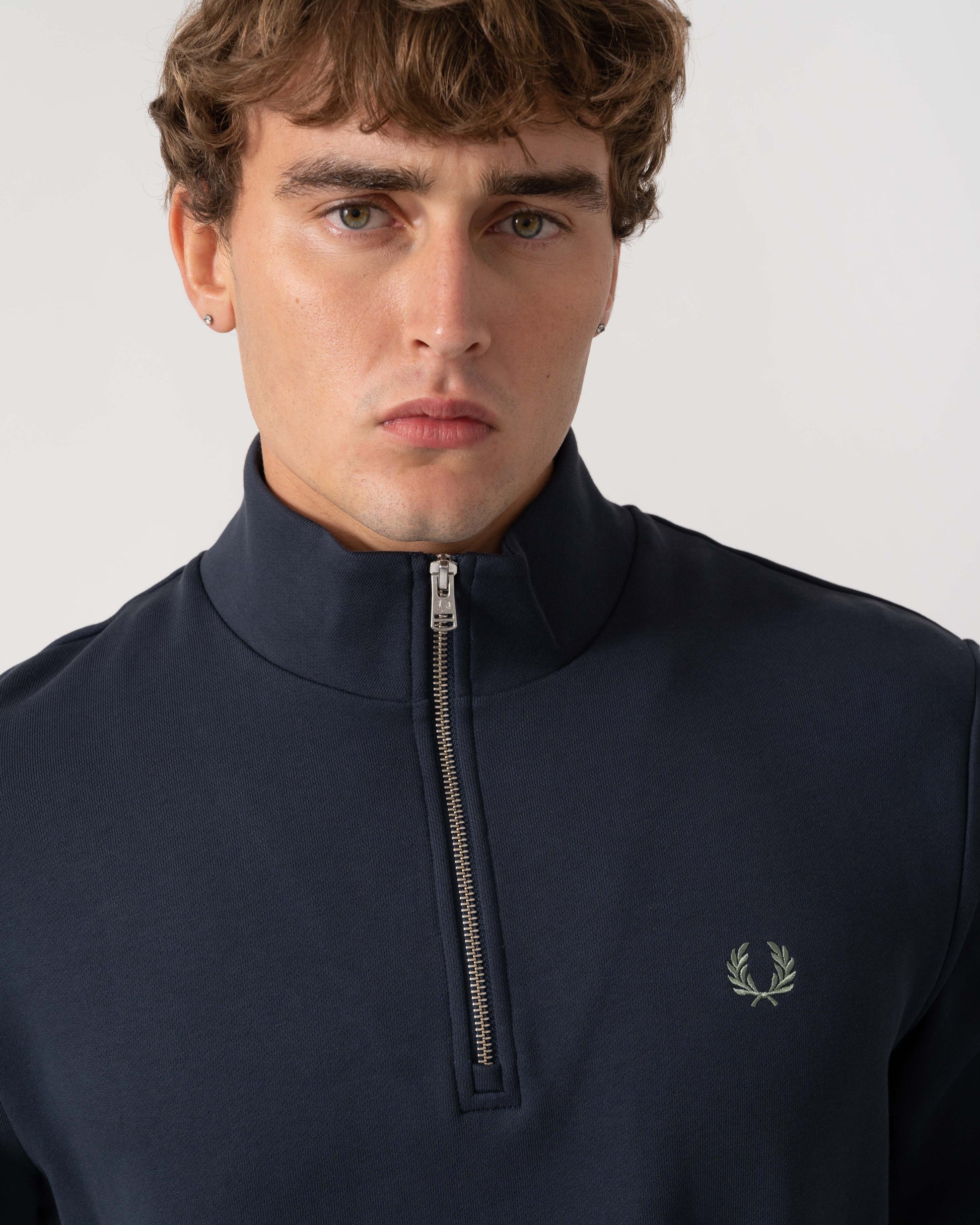 Detail of Fred Perry Mens Half Zip Sweatshirt - Dark Airforce/Ecru/Seagrass 72C