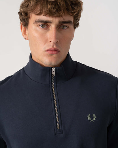 Detail of Fred Perry Mens Half Zip Sweatshirt - Dark Airforce/Ecru/Seagrass 72C