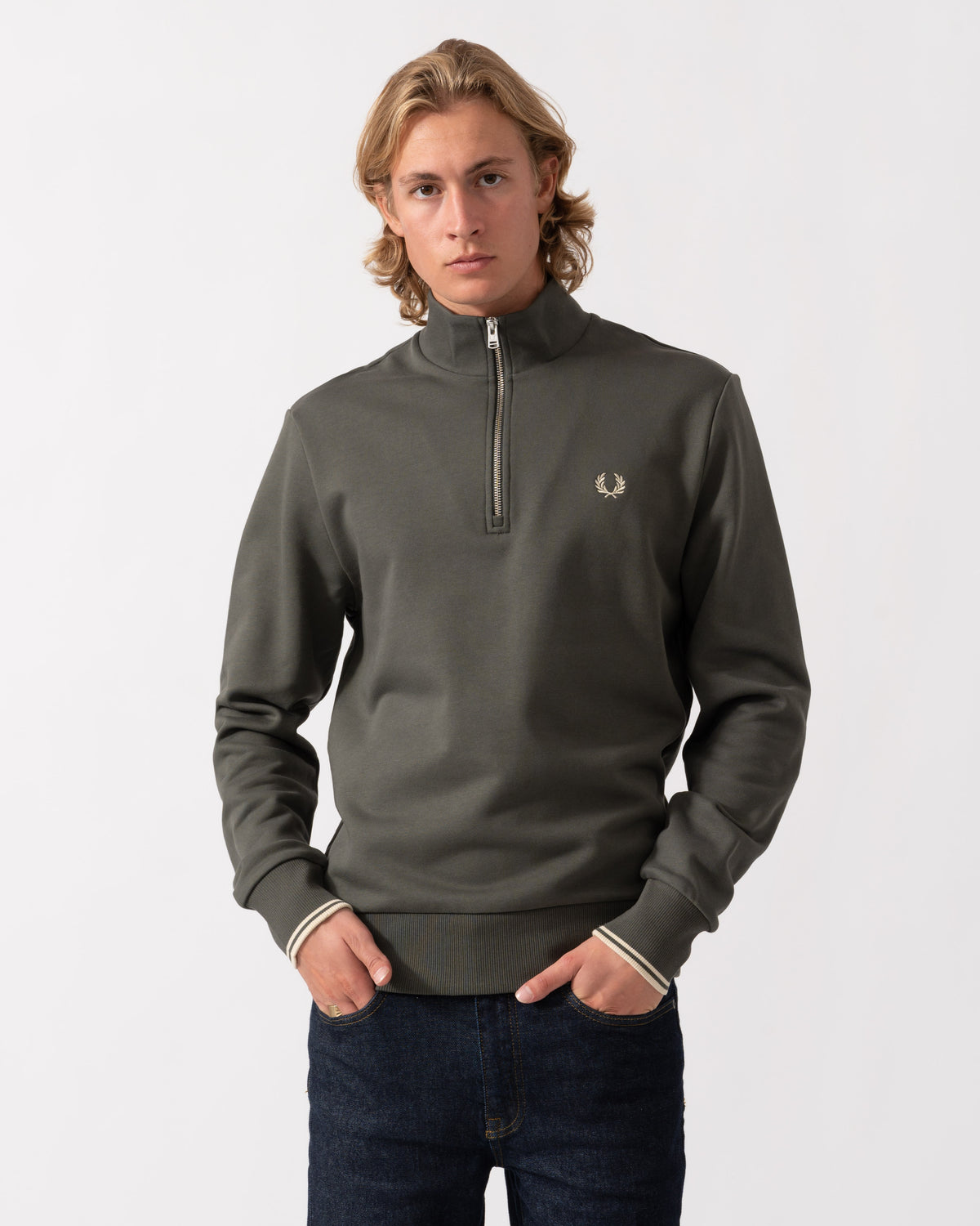 Front of the Fred Perry Mens Half Zip Sweatshirt - Field Green/Oatmeal U98