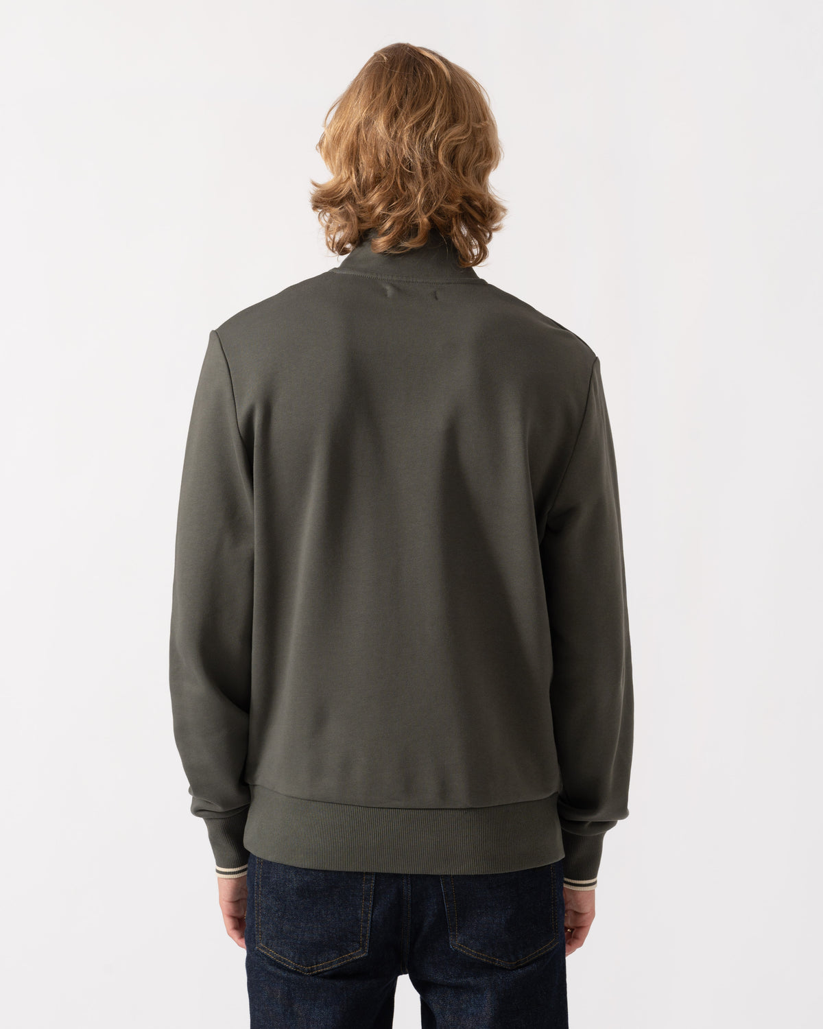 Back of the Fred Perry Mens Half Zip Sweatshirt - Field Green/Oatmeal U98