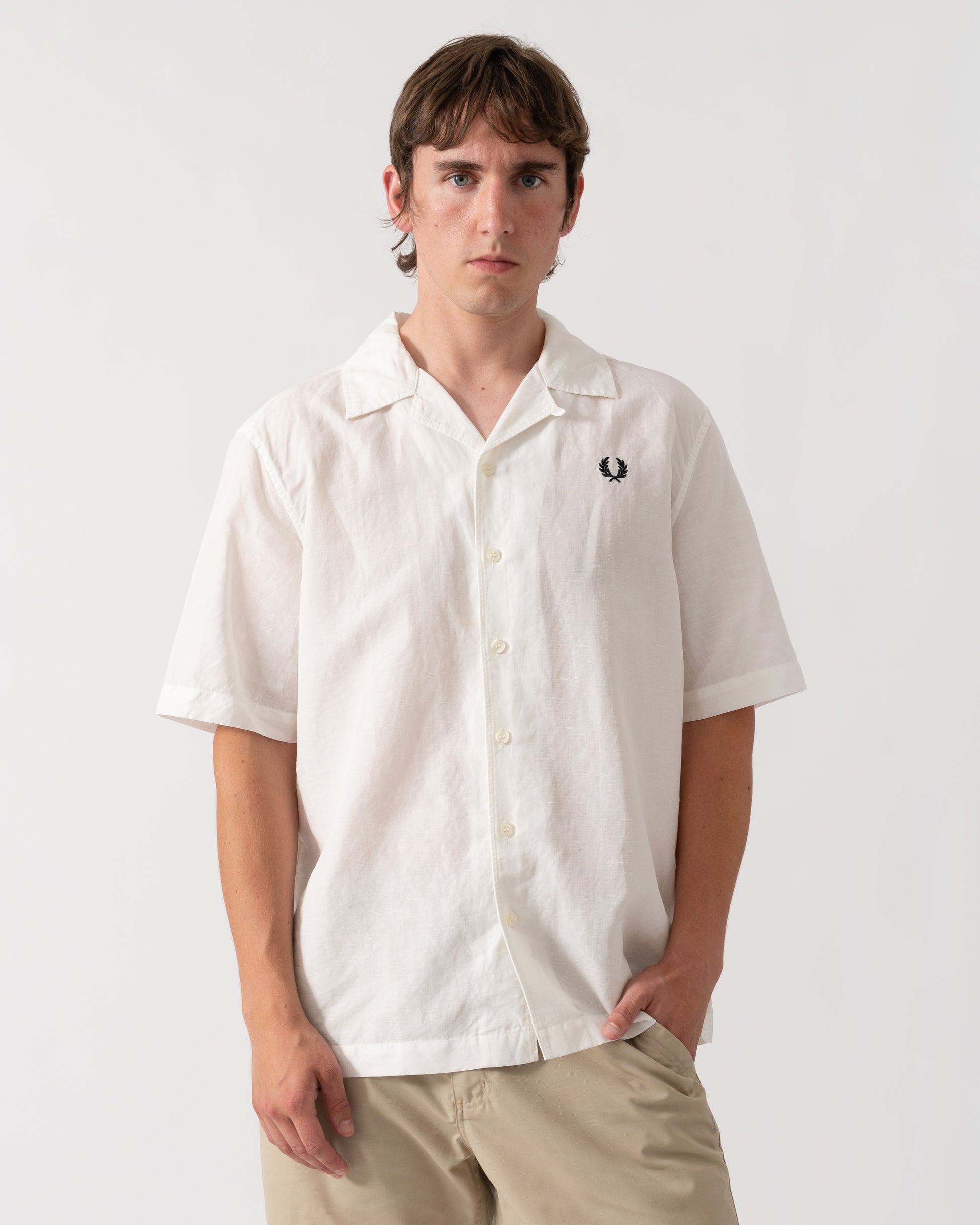 Fred Perry Mens Linen Blend Revere Collar Shirt - Snow White 129