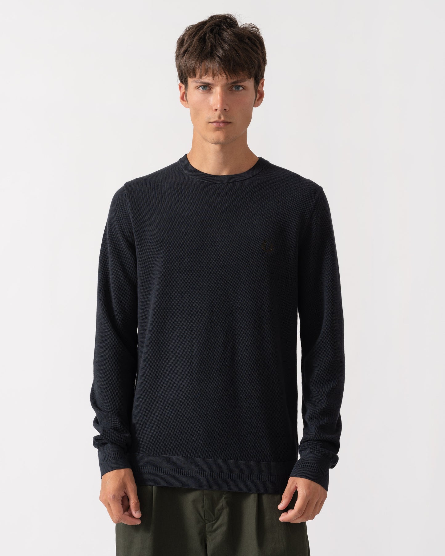 front of Fred Perry Mens Pique Stitch Jumper - Navy 421