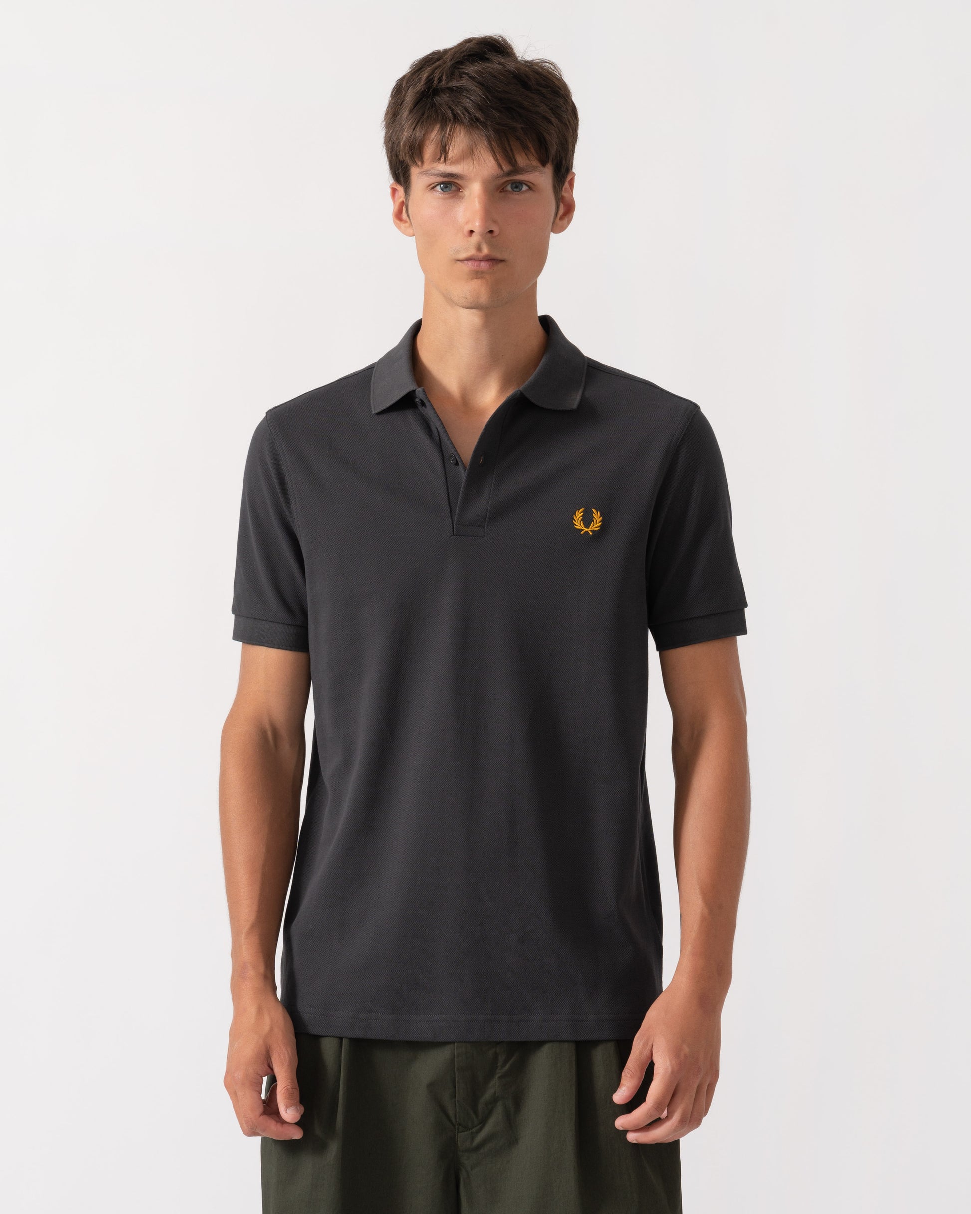 Front of Fred Perry Mens Plain Signature Polo Shirt - Anchor Grey/Golden 85C