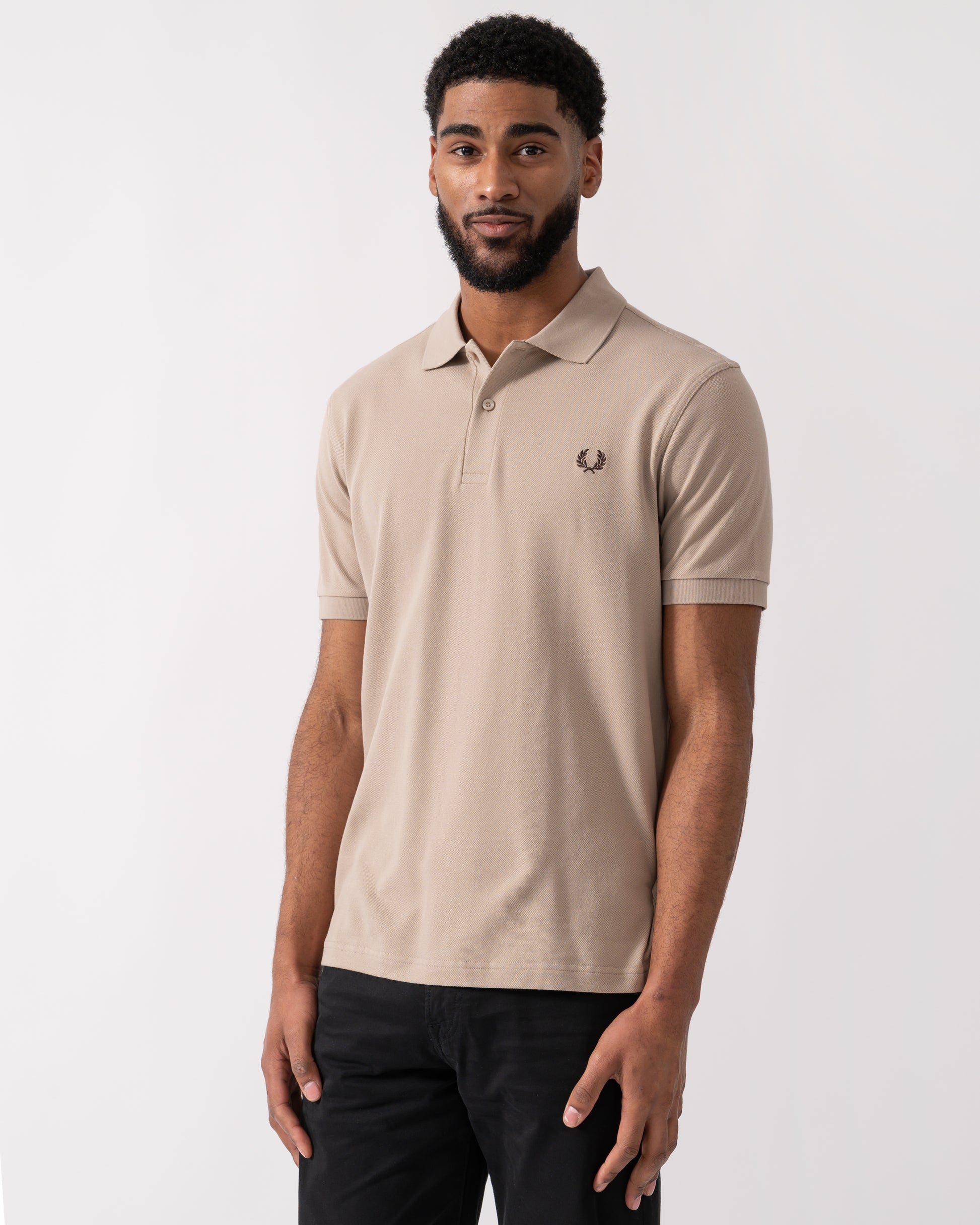 Fred Perry Mens Plain Signature Polo Shirt in Warm Oatmeal and Burnt Tobacco colourway