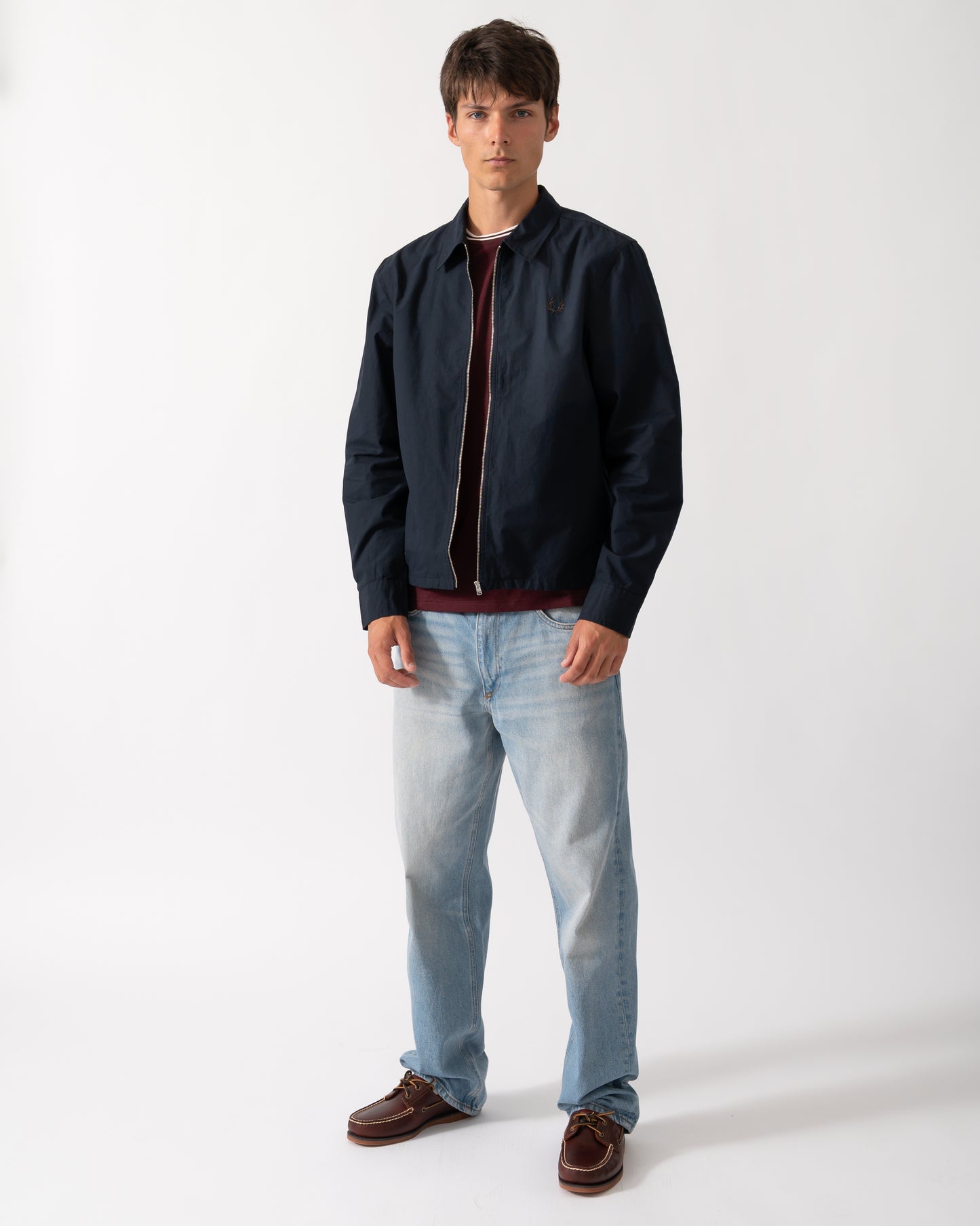 full length of a model wearing a Fred Perry Mens Poplin Zip Overshirt in Navy 608